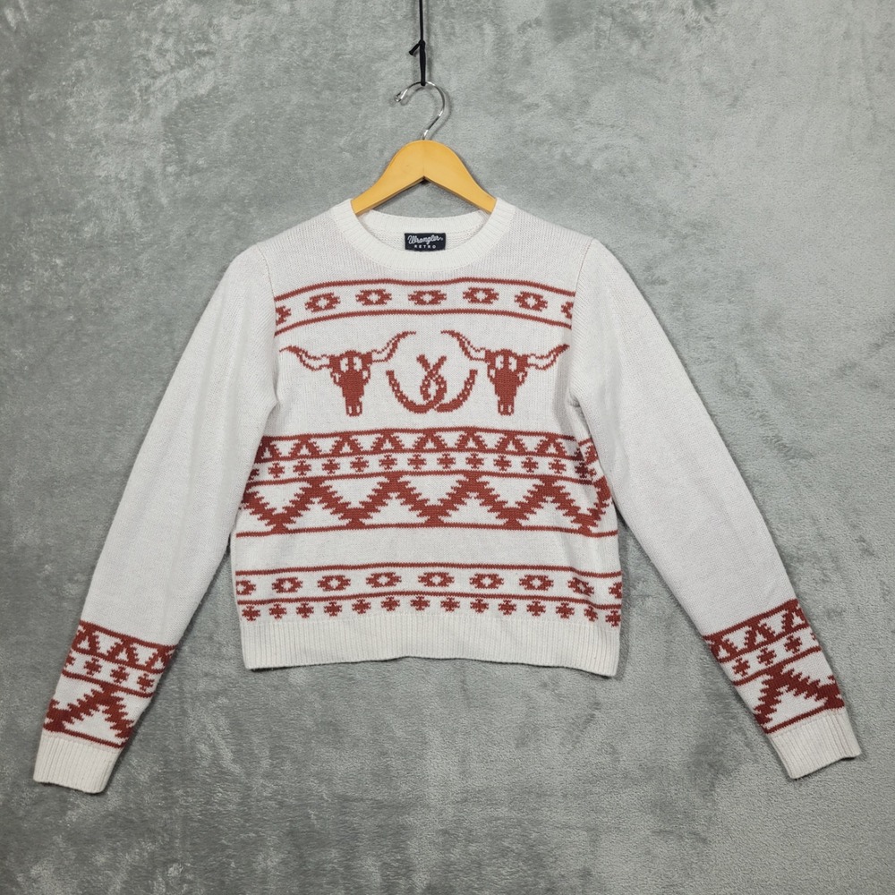 Wrangler Retro Womens Medium Sweater White Rust Southwestern Longhorn Aztec